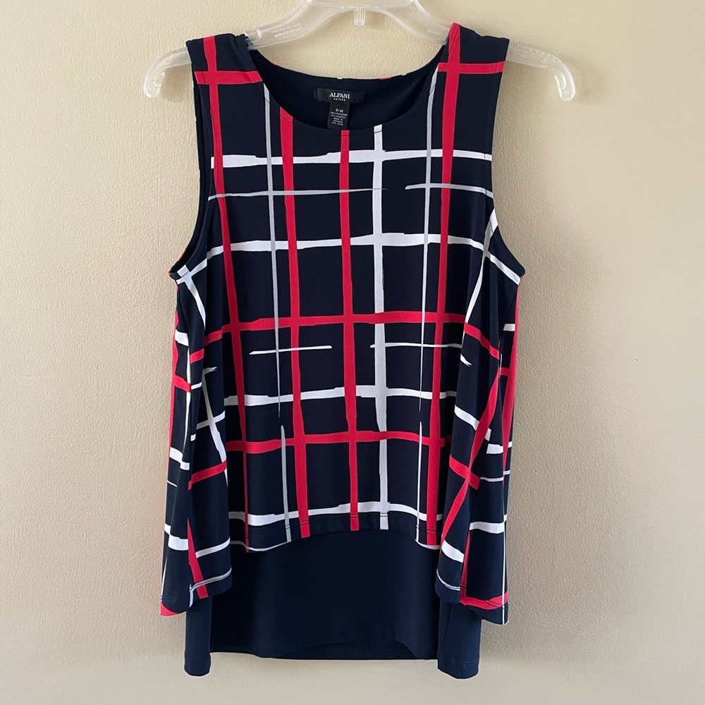 Alfani Women's Navy and Red Plaid Sleeveless Top-Like New!